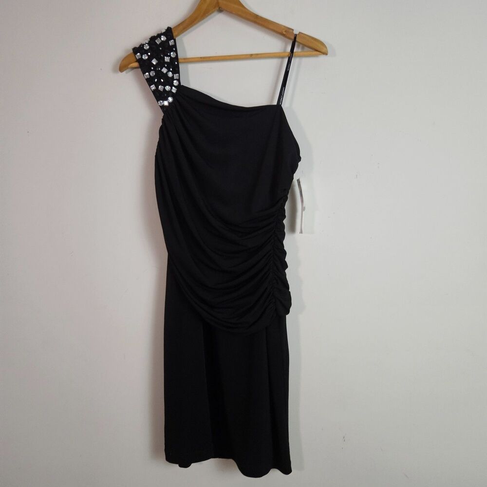 Maggie London Dress 10 Black Mini Cocktail Elegant Beaded Ruched Prom Party